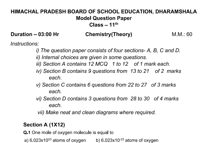 Chemistry Question Paper For 11th Grade From The HP Board In 2017