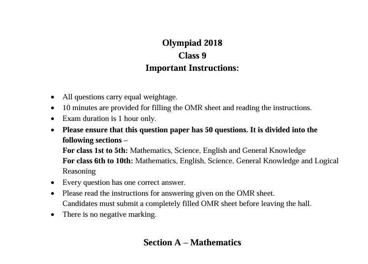 Hindustan Olympiad 2018 Question Paper class 9 Download Pdf | Studflare